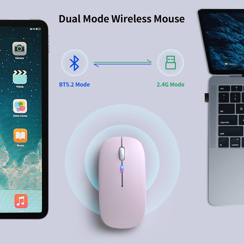 KANMABPC Wireless Bluetooth Mouse – Rechargeable, Silent, Dual Mode (Bluetooth 5.2 & USB) with LED Lights – Portable for Laptop, Desktop, & Tablet(Pink) - Image 4
